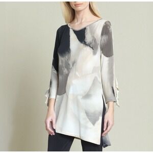 CLARA SUNWOO Size Large Taupe‎ Multi Watercolor Print Ruffle Cuff Tunic Top